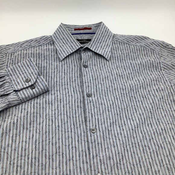 Bugatchi Mens Long Sleeve Button Up Shirt Gray Blue Striped Size Medium - Picture 1 of 7